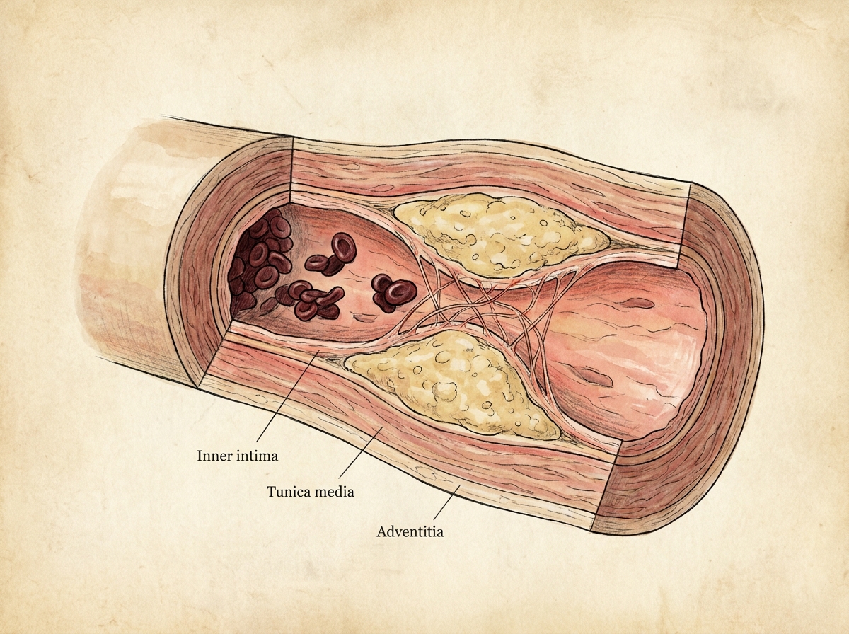 Anatomical illustration of a clogged artery with plaque and fibrin mesh