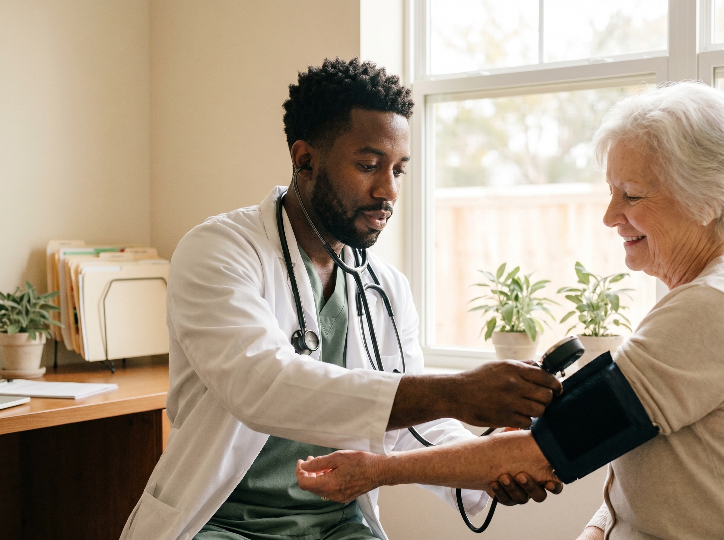 Dr. Booker taking a patient's blood pressure